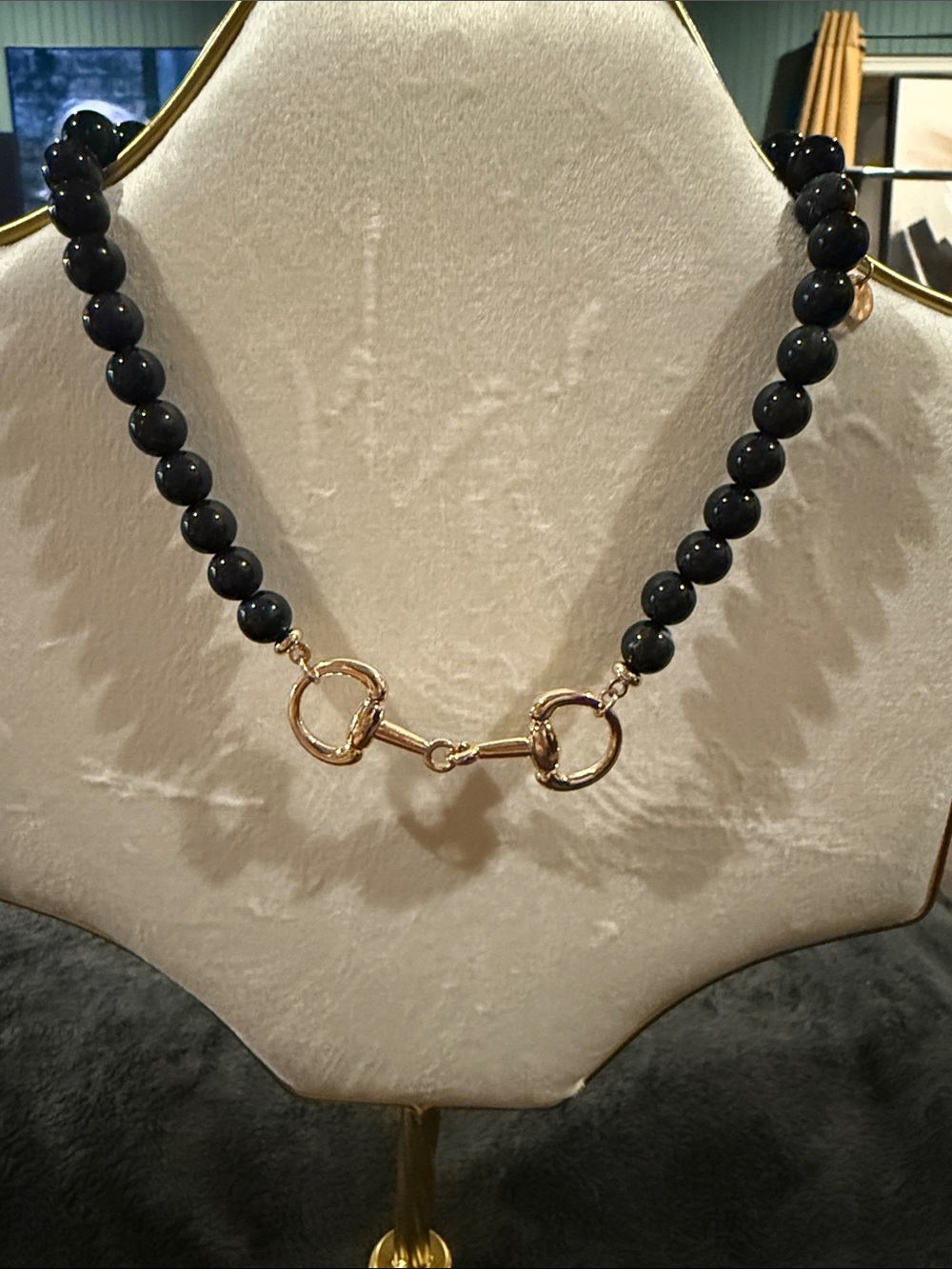 Black Beaded Necklace with Gold Horsebit Accent